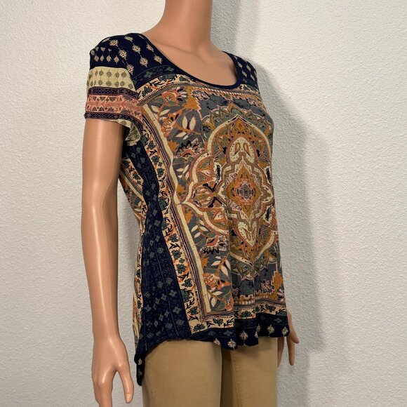 Lucky Brand Blue Persian Carpet Print Scoop Neck Tee Women’s Medium - Picture 4 of 11